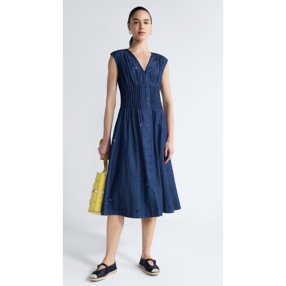 Free Assembly Womens Denim Embroidered Nautical Midi Dress Blue Cotton Size M